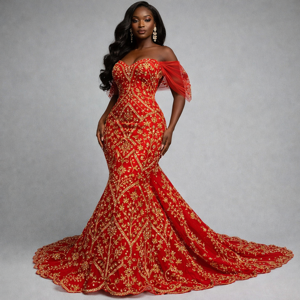 Red Embroidered Sequin Net Lace Fabric